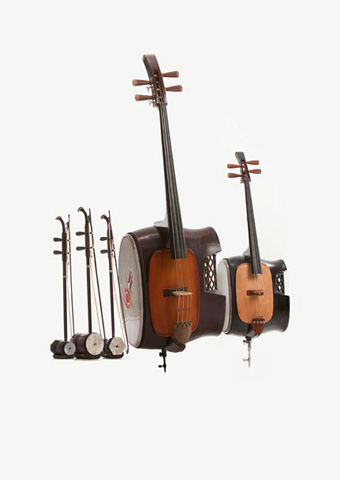 (左起) 高胡,中胡,二胡,低音革胡,革胡